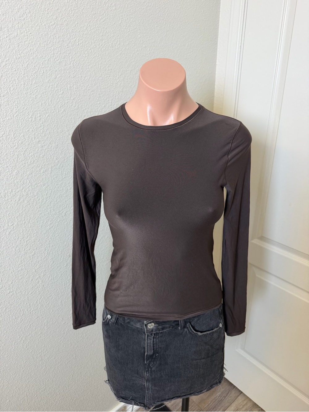 aerie Long-Sleeve Crewneck Top in Dark Brown
